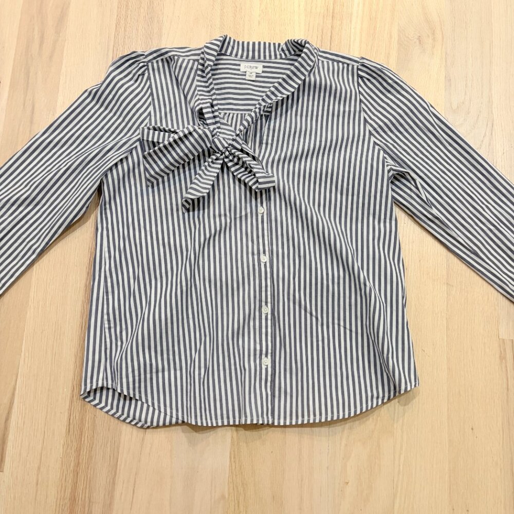 J. Crew Blue & White Striped Tie-Neck Blouse | Size Medium